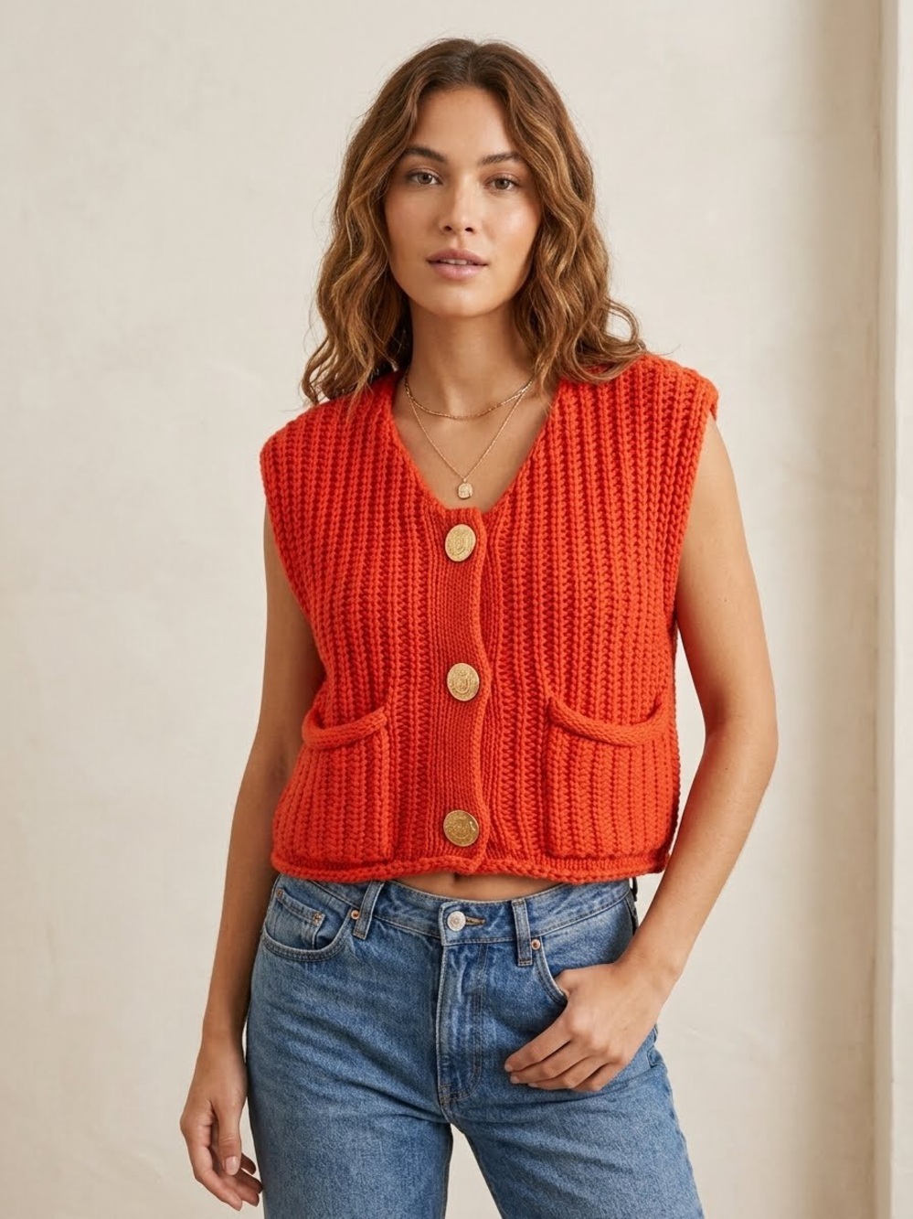 Chunky Knit Sleeveless Cardigan Vest - Red
